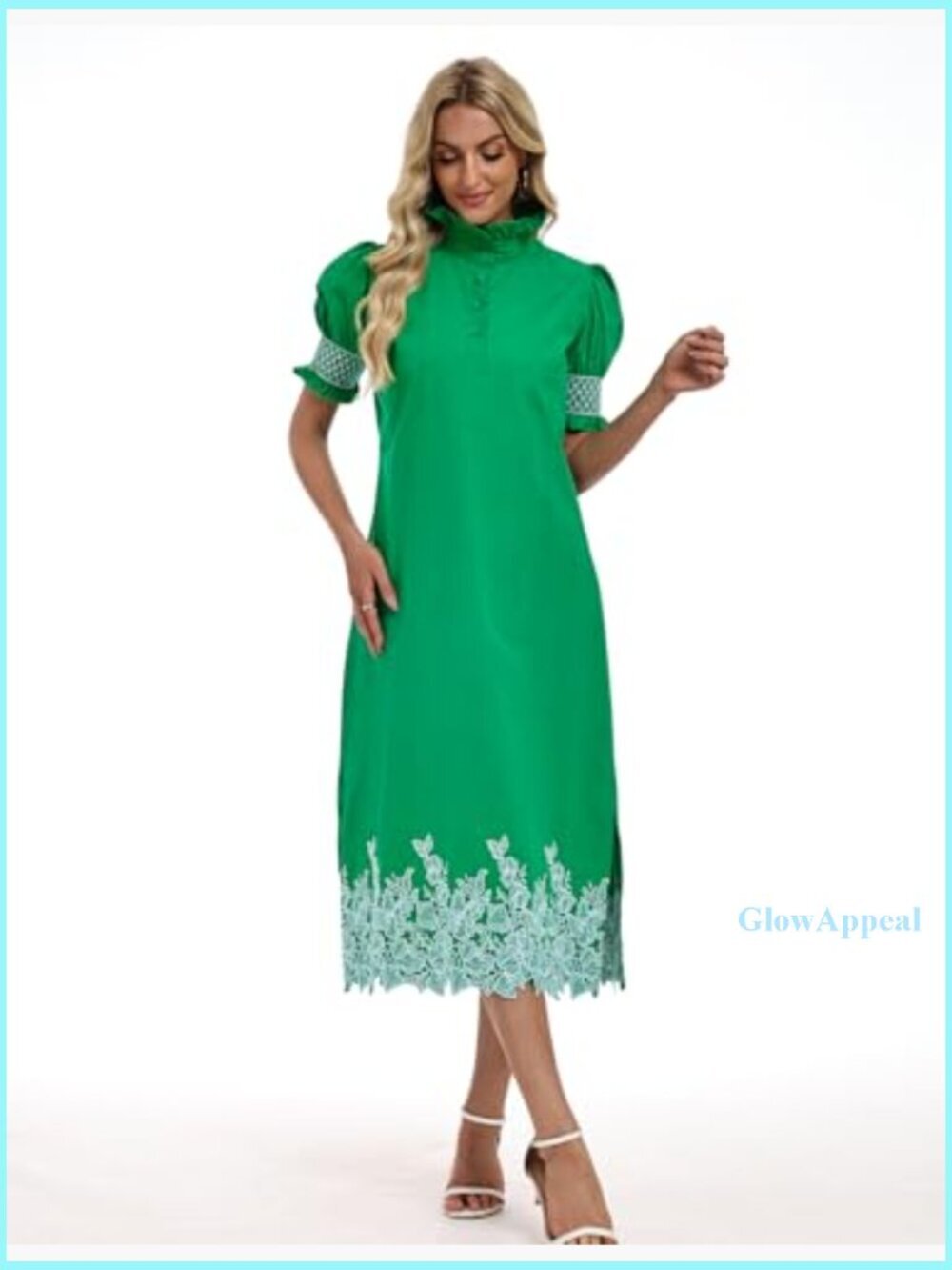 Summer Maxi Dress with Floral Embroidery, Puff Sleeves, Button Front - Picture 2 of 7